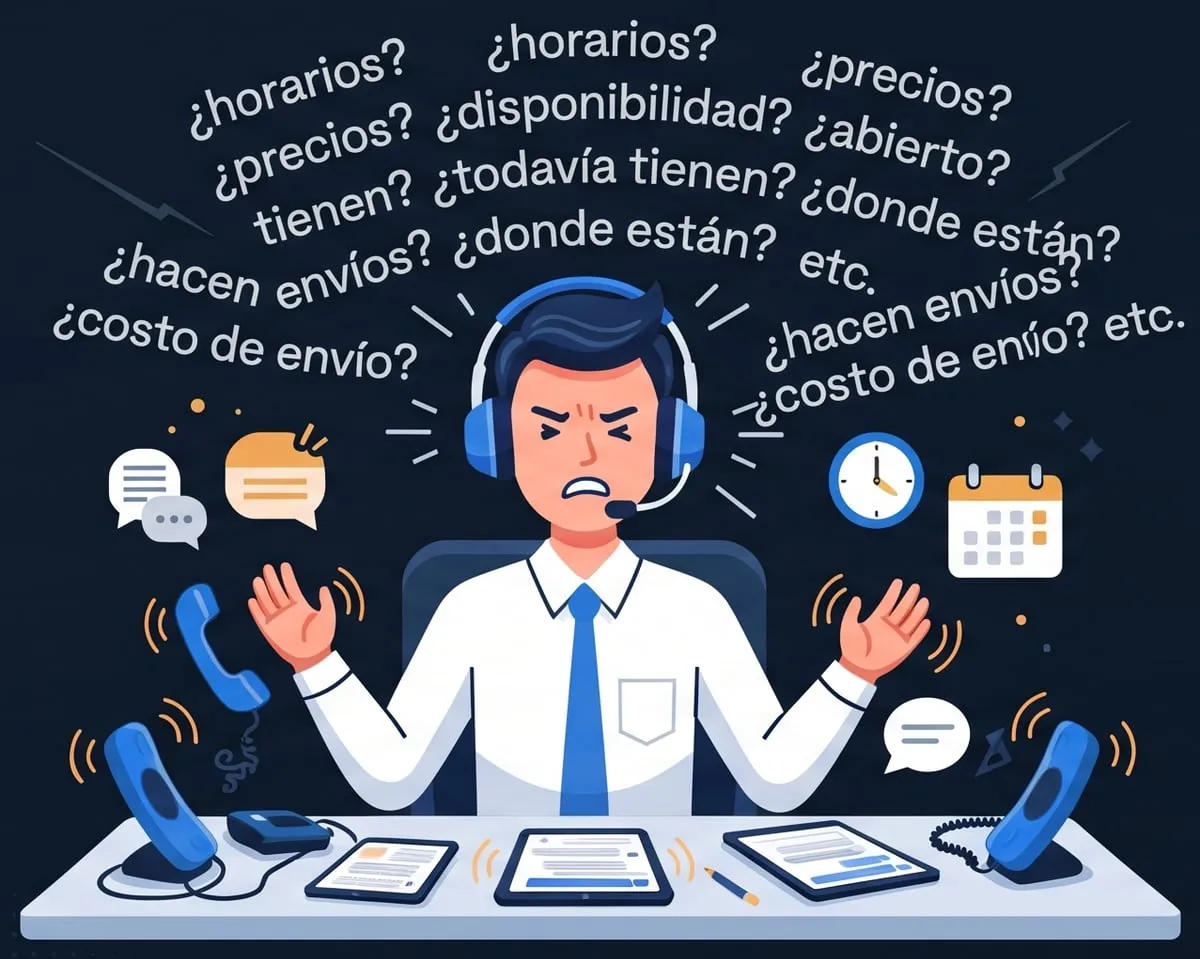 Un empleado con audífonos desbordado por preguntas repetidas: horarios, precios, disponibilidad, envíos