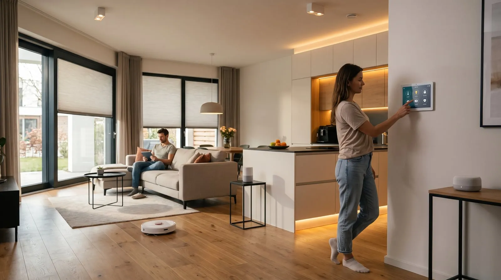 Sala con dispositivos inteligentes conectados: panel de control en la pared, parlantes, lámpara, tablet y robot aspirador