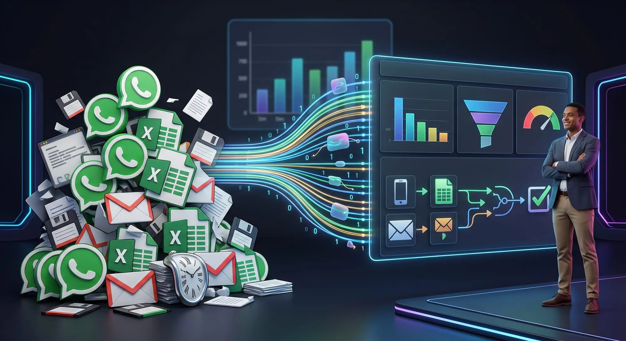 Un montón de chats de WhatsApp, hojas de Excel y correos se convierte en hilos de datos que llegan ordenados a un tablero con gráficos y procesos automáticos