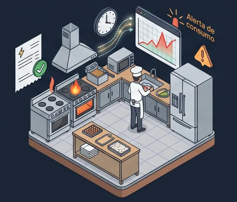 Cocina de restaurante con una alerta de consumo en el tablero