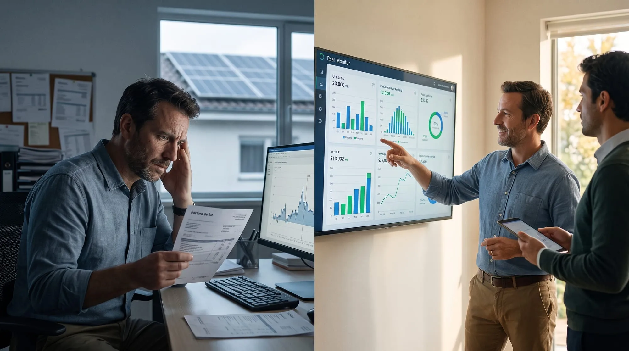 Antes, un hombre preocupado revisa la factura de luz. Después, el mismo negocio sigue su consumo, su producción solar y sus ventas en un tablero de Telar Monitor