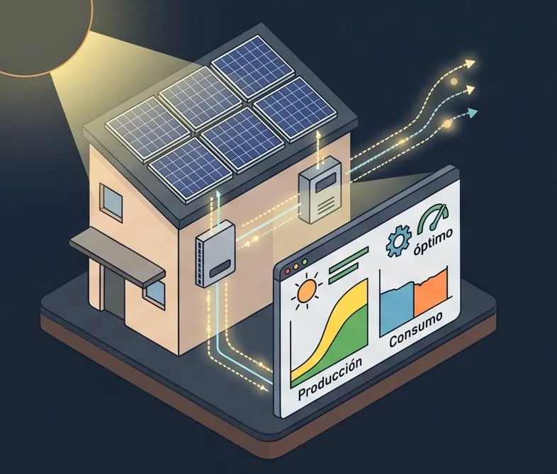 Casa con paneles solares y su tablero de producción frente a consumo