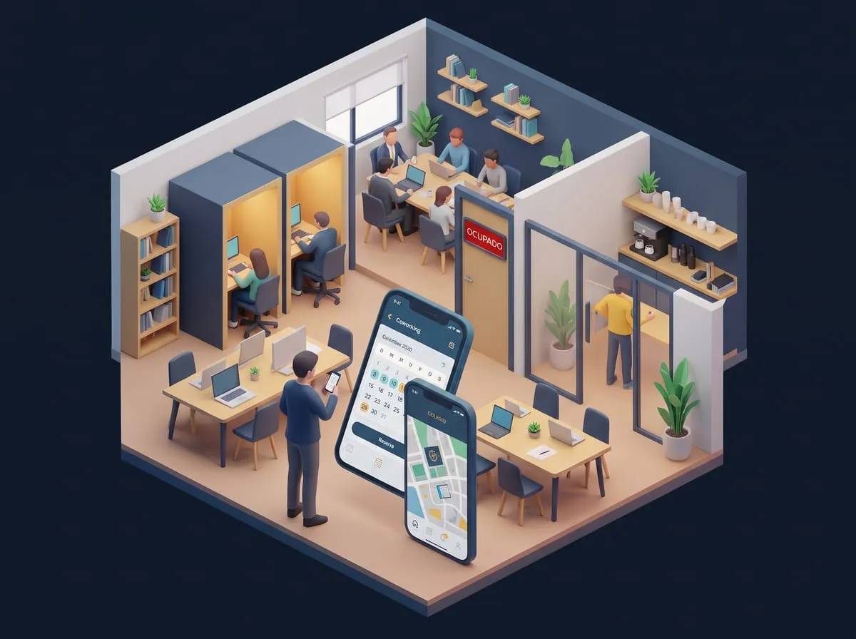 Coworking: una persona reserva una sala desde el celular y la puerta de la sala ocupada lo indica