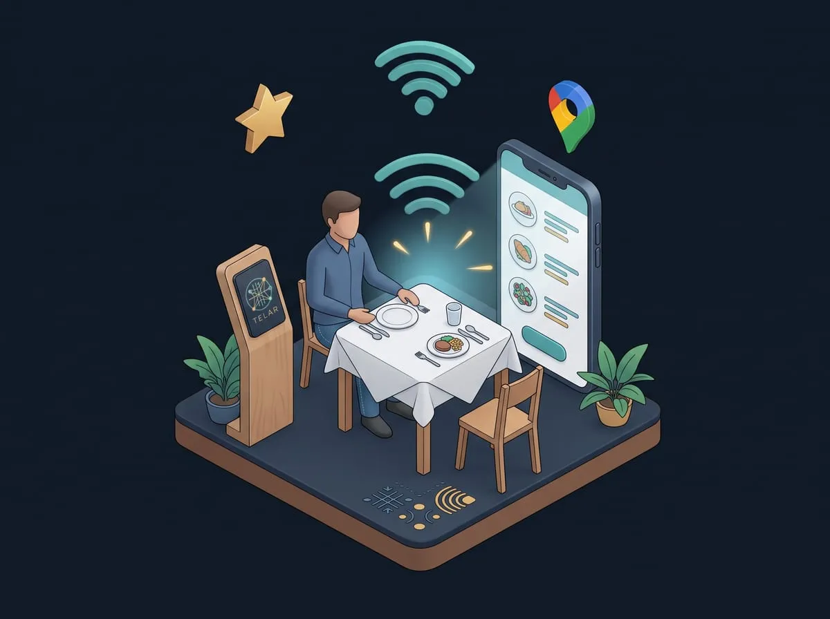 En un restaurante, la placa NFC de la mesa abre la carta en el celular, el WiFi y Google Maps