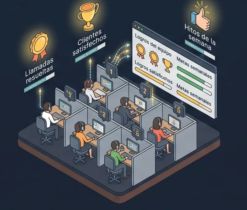 Call center con logros por llamadas resueltas, clientes satisfechos y metas semanales