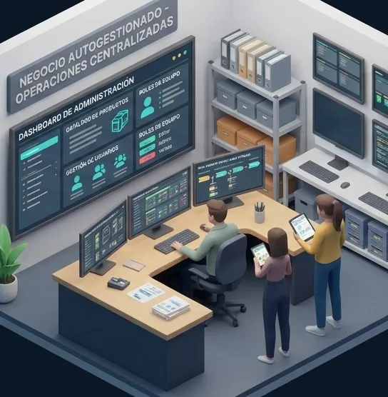 Equipo de un negocio administrando productos, usuarios y roles desde su panel
