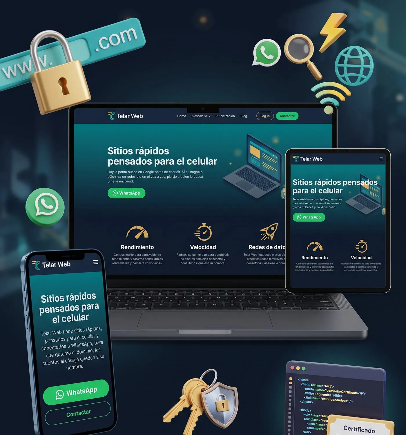 Un sitio de Telar Web en computador, tablet y celular, con botón a WhatsApp, dominio propio y código