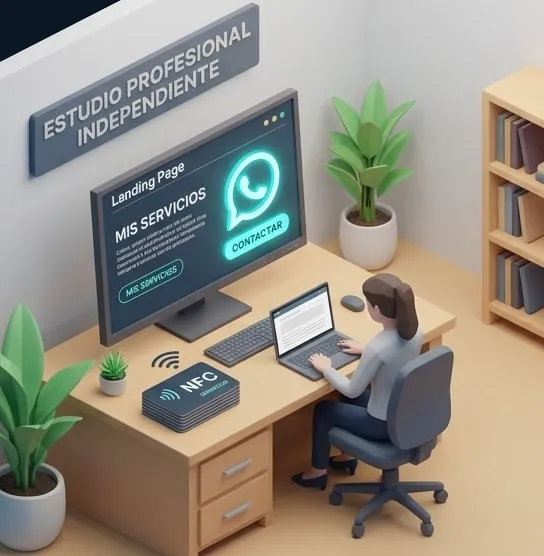 Estudio de un profesional independiente: su landing con botón a WhatsApp en pantalla y tarjetas NFC sobre el escritorio