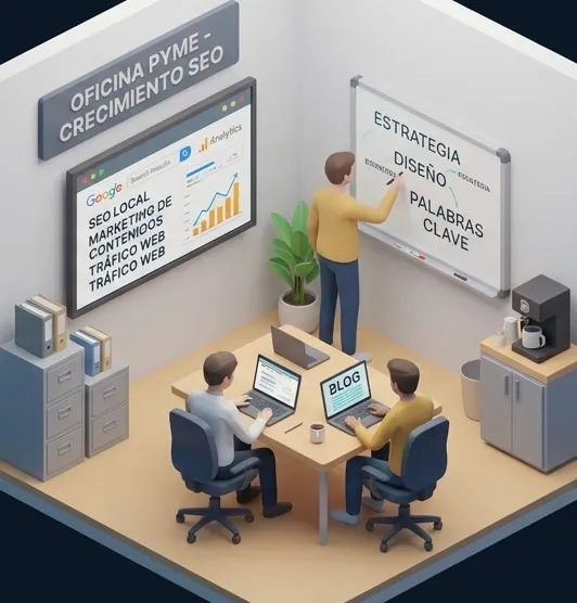 Oficina de una pyme trabajando su estrategia de SEO, blog y palabras clave